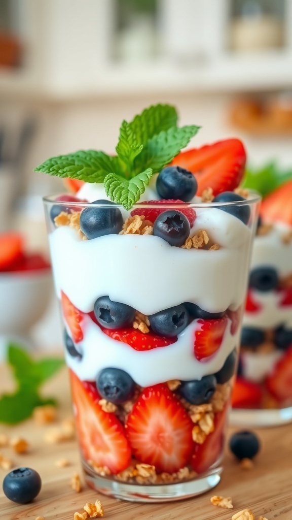 Layered yogurt parfait with berries and granola in a clear cup, garnished with mint.
